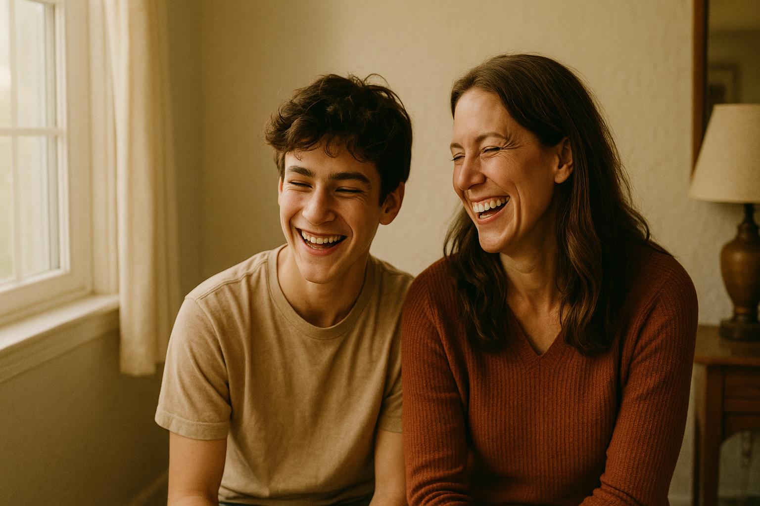 A mother and her teenage son laughing together at home.