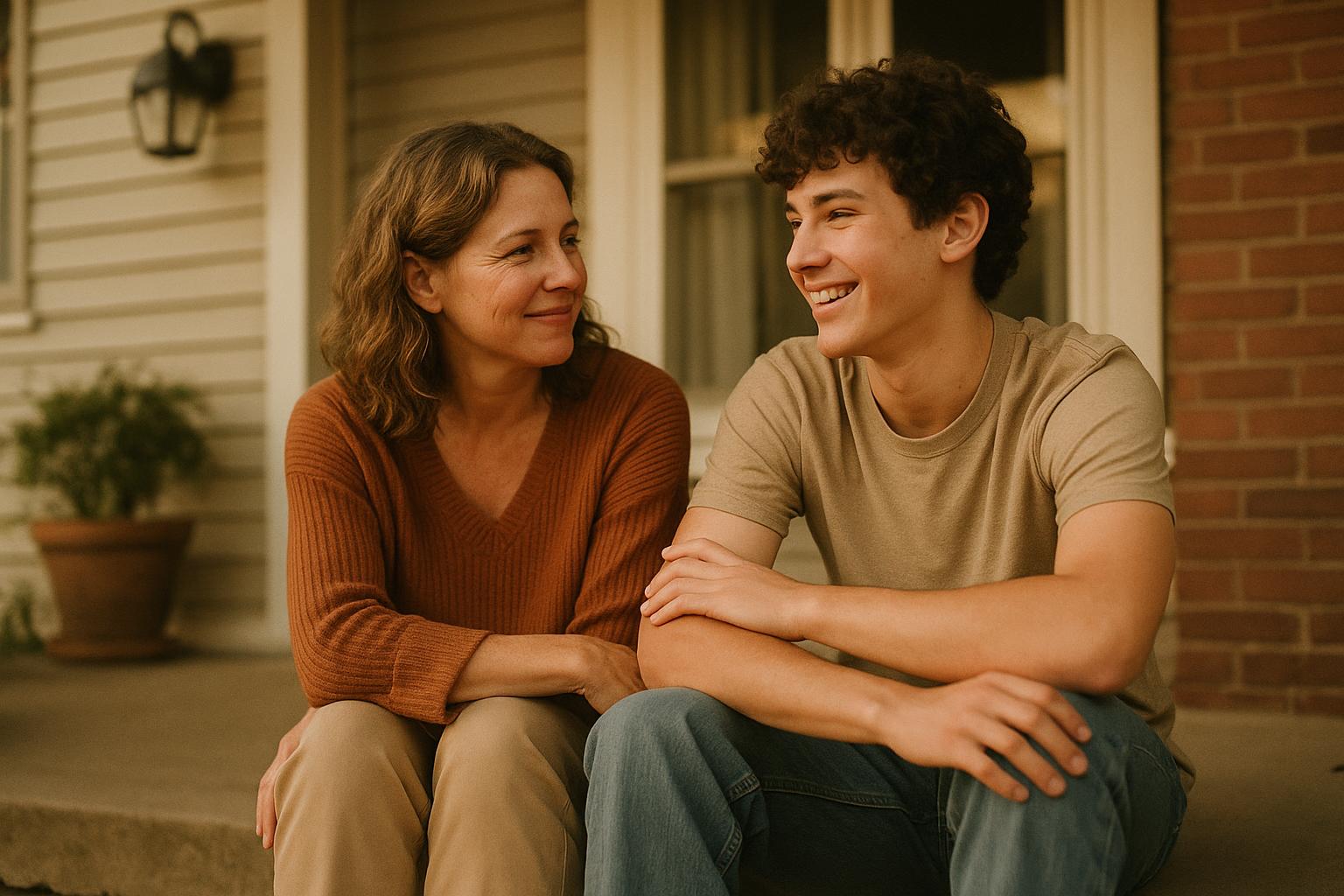 A mother and son sitting on a porch in conversation, evening light.