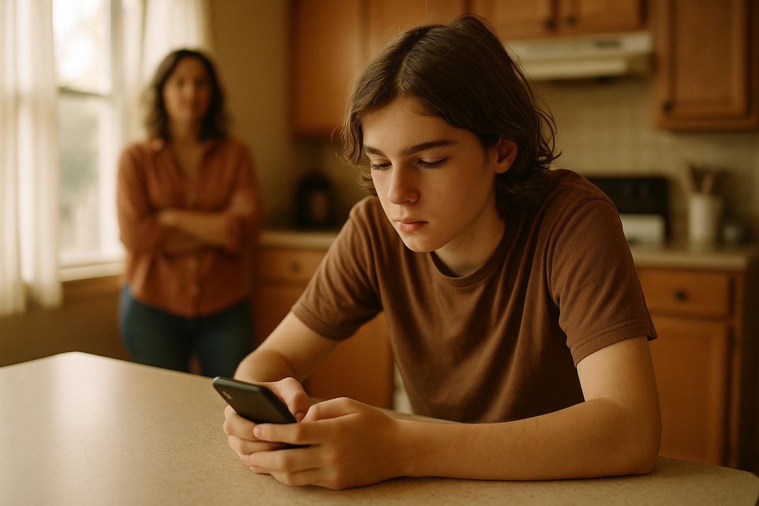 A teenager on a phone in the kitchen, parent in the background.