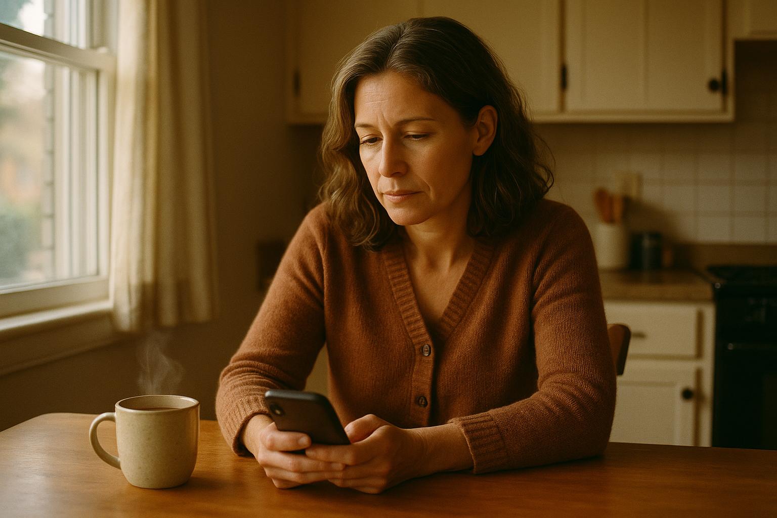 A parent reading on their phone, calm morning light, mug nearby.