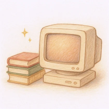 Books beside a retro computer monitor
