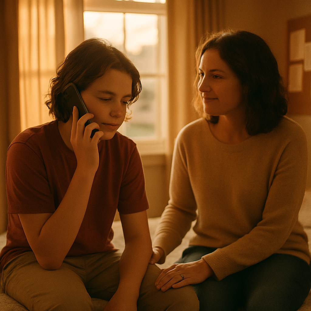 A teen holding a phone with a supportive adult nearby