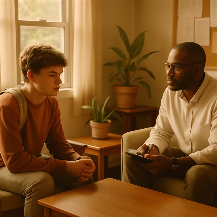 A teen talking with a counselor in a calm office