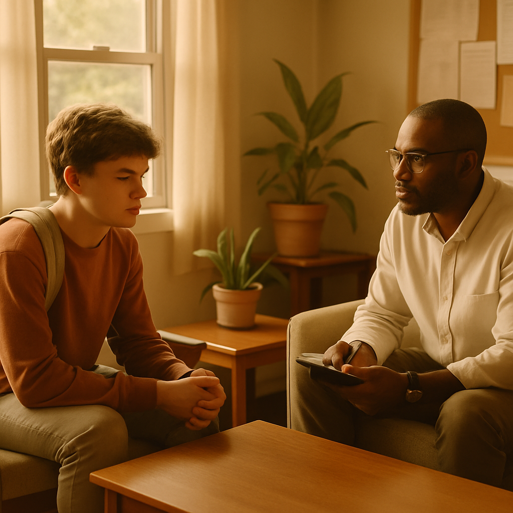 A teen talking with a counselor in a calm office