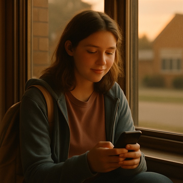 A teen texting on a phone in soft evening light