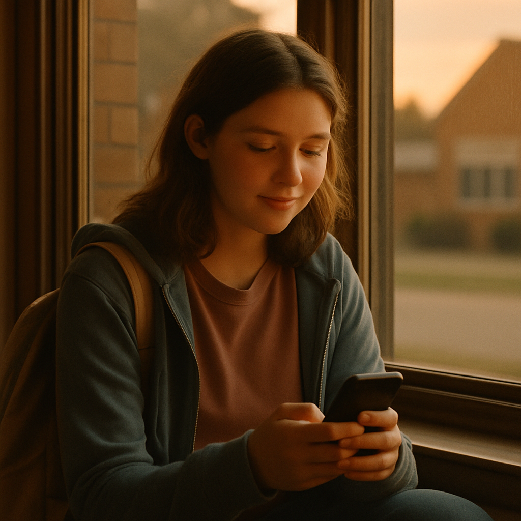 A teen texting on a phone in soft evening light
