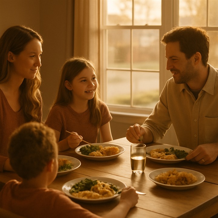 A family sharing a meal together at home
