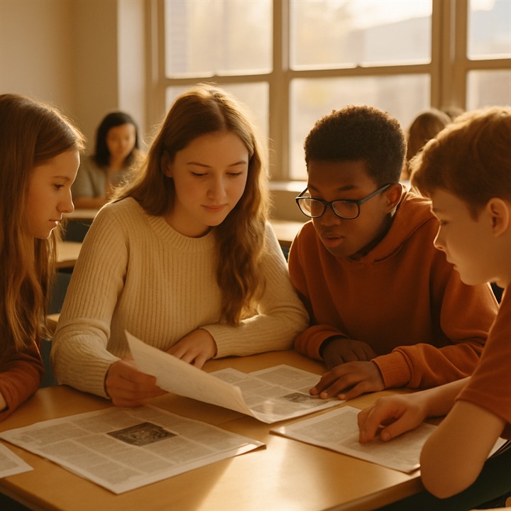 Students analyzing news articles in a classroom