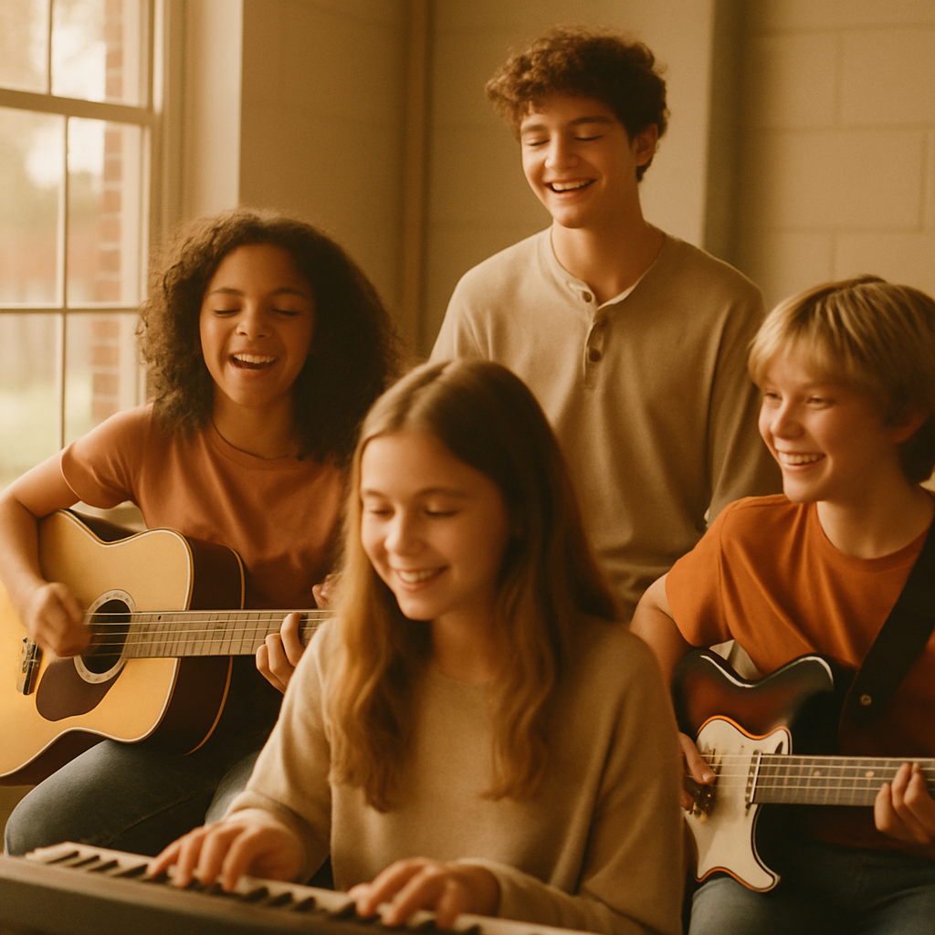 Teens rehearsing music together in a community center