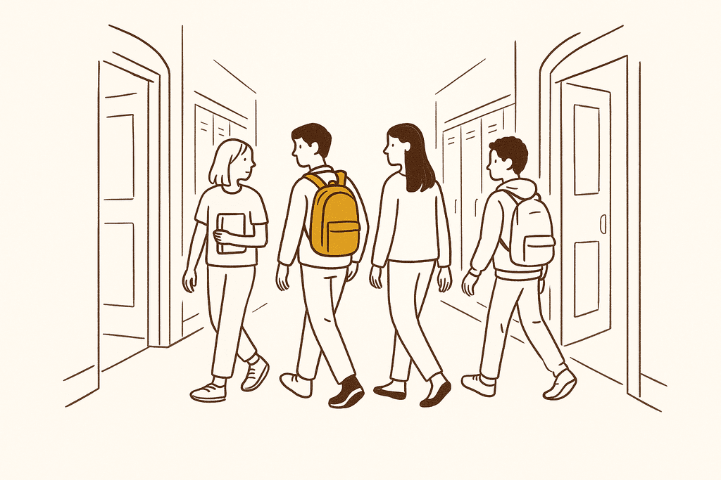Students walking together calmly in a school hallway