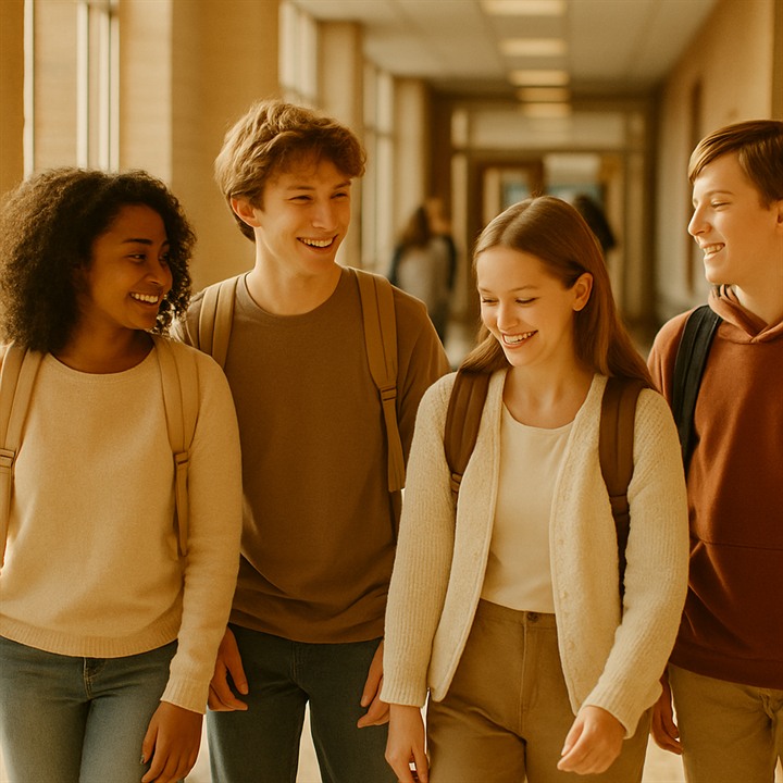 Students talking and laughing together in a school hallway