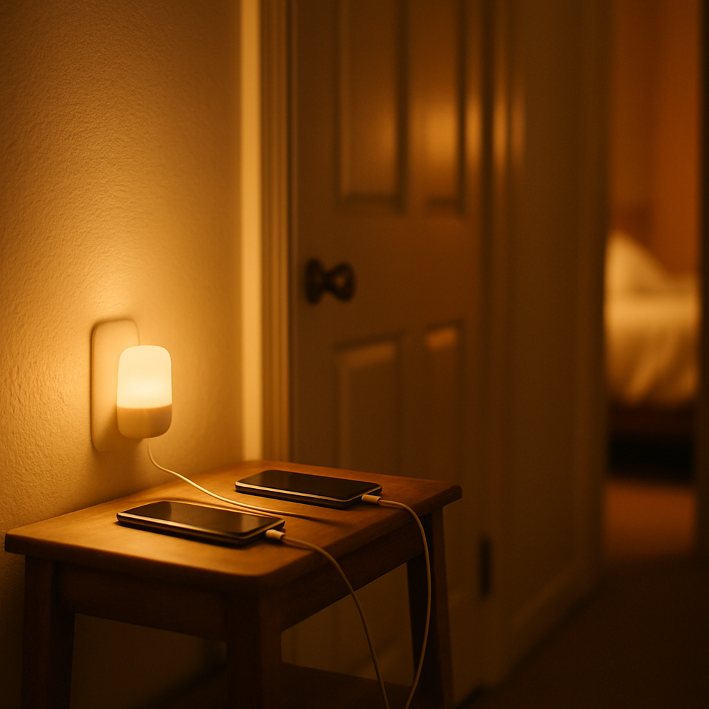 Phones charging on a hallway shelf away from bedrooms