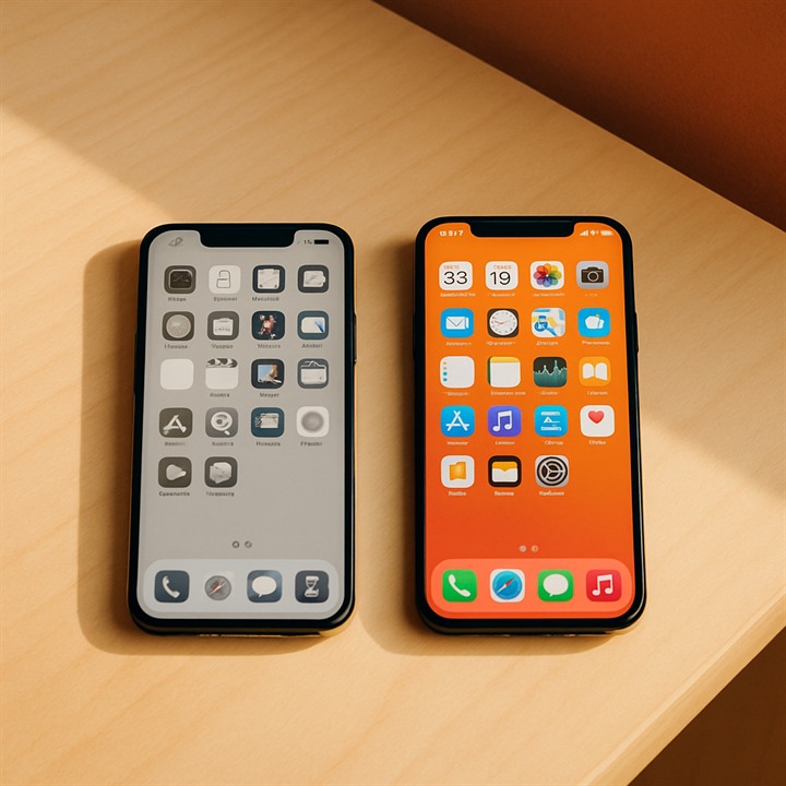 A grayscale phone screen next to a colorful one