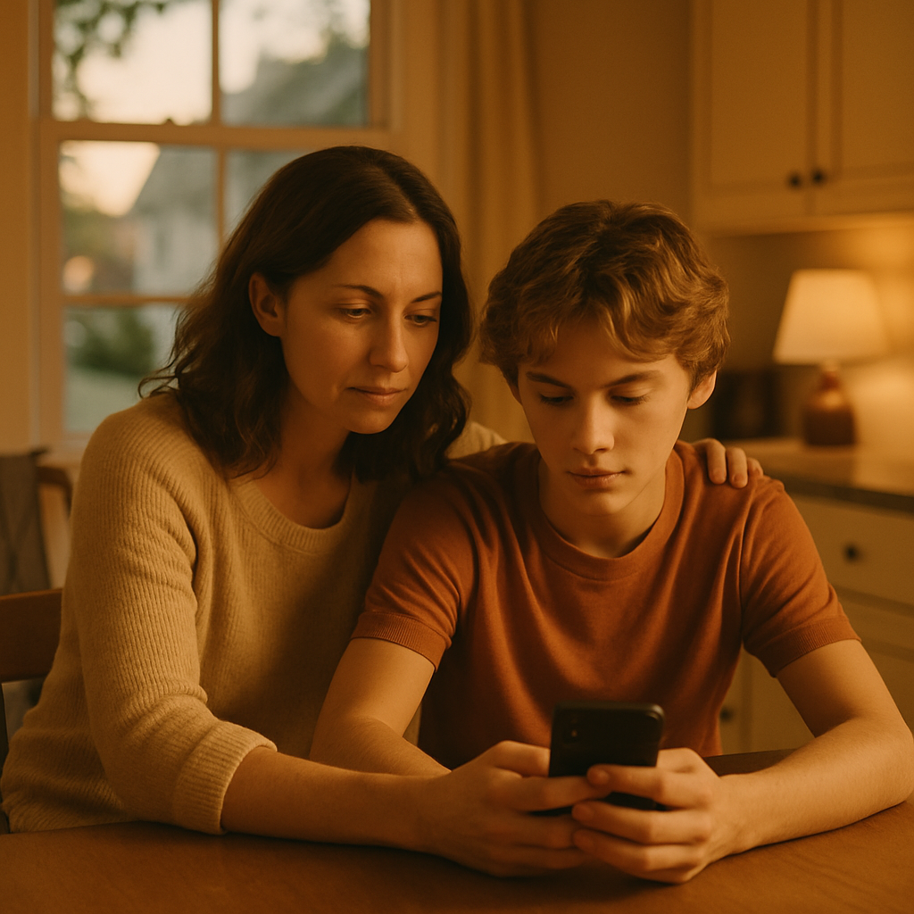 A parent and teen calmly looking at a phone together at a kitchen table