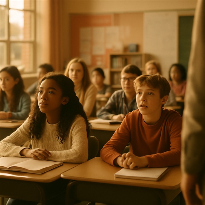 A classroom of engaged students with no phones in sight