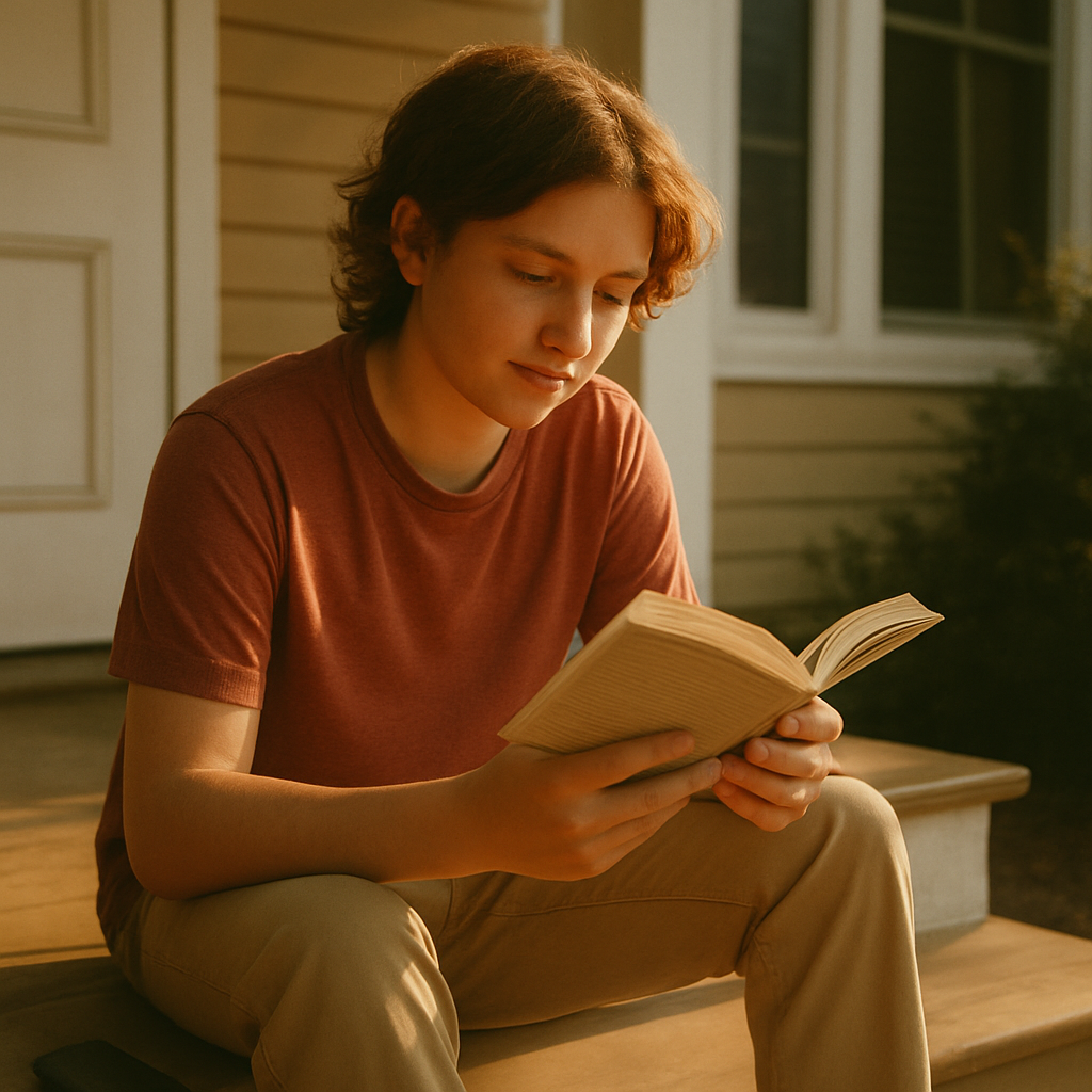 A teen reading a book outdoors with the phone set aside