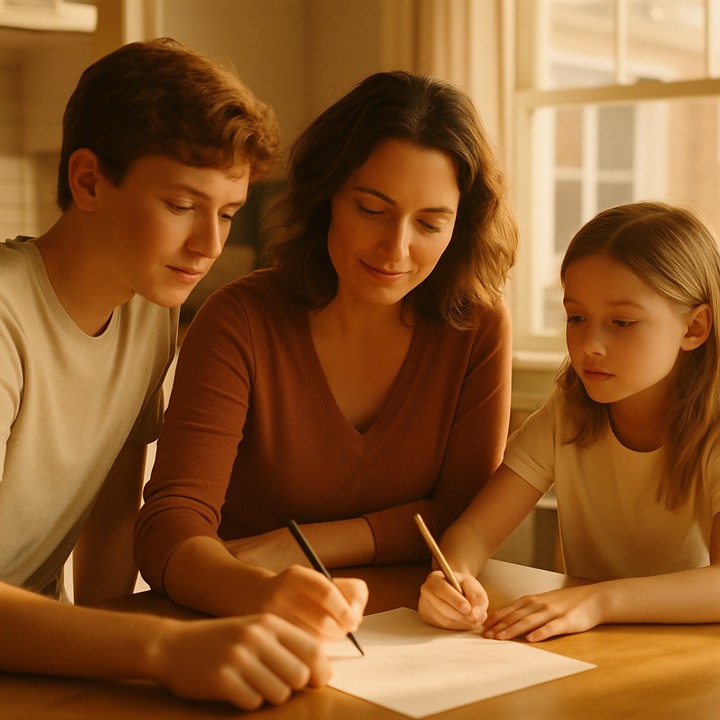 A family writing a media plan together at a kitchen table