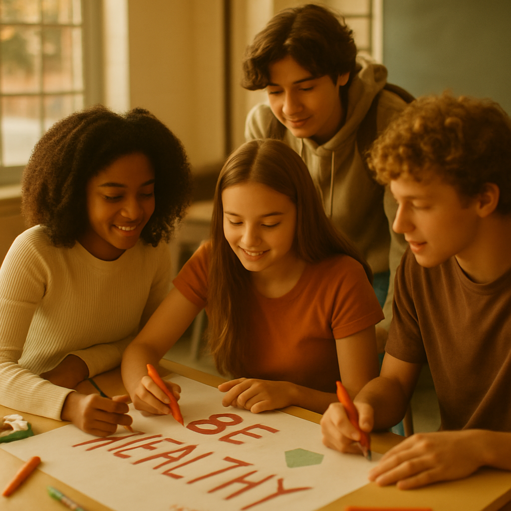 Teenagers collaborating on a public-health poster