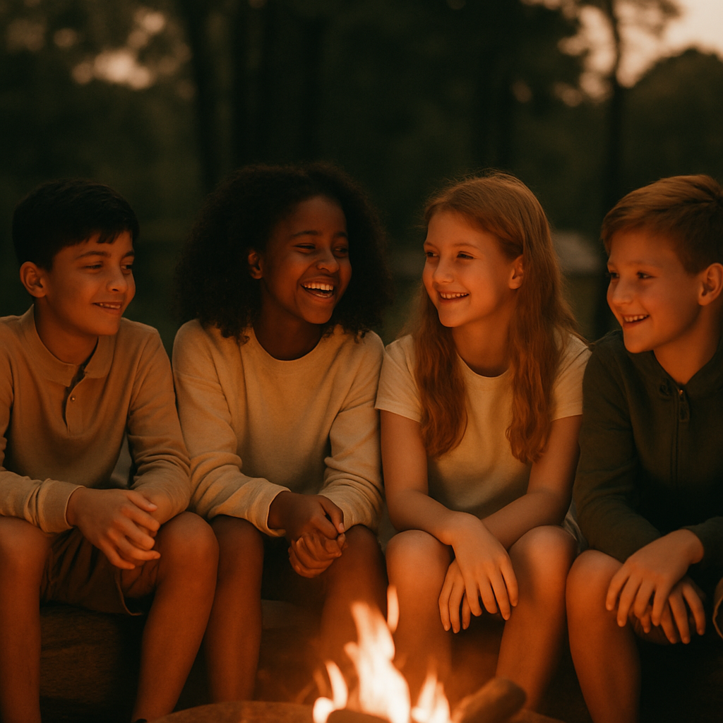 Kids talking around a campfire at an outdoor camp
