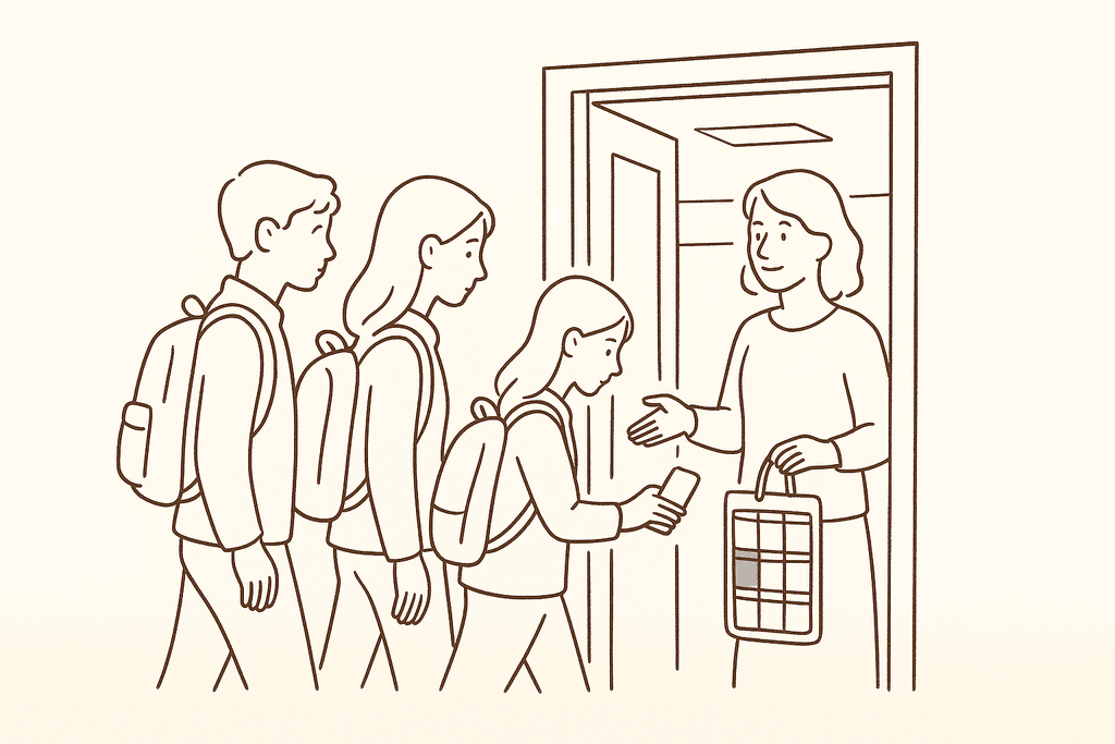 Students putting phones into a locked pouch as they enter a classroom