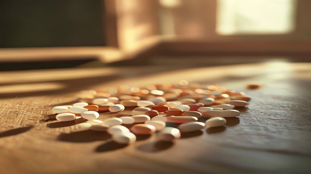 A scatter of small capsule pills on a wooden desk