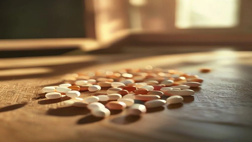 A scatter of small capsule pills on a wooden desk