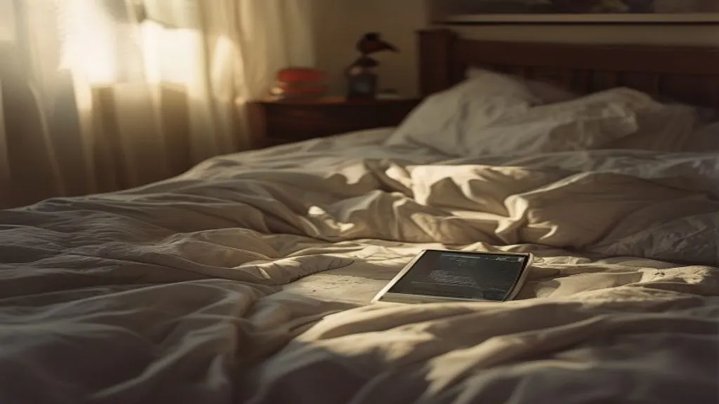 A rumpled bed in dim afternoon light, a phone on the pillow