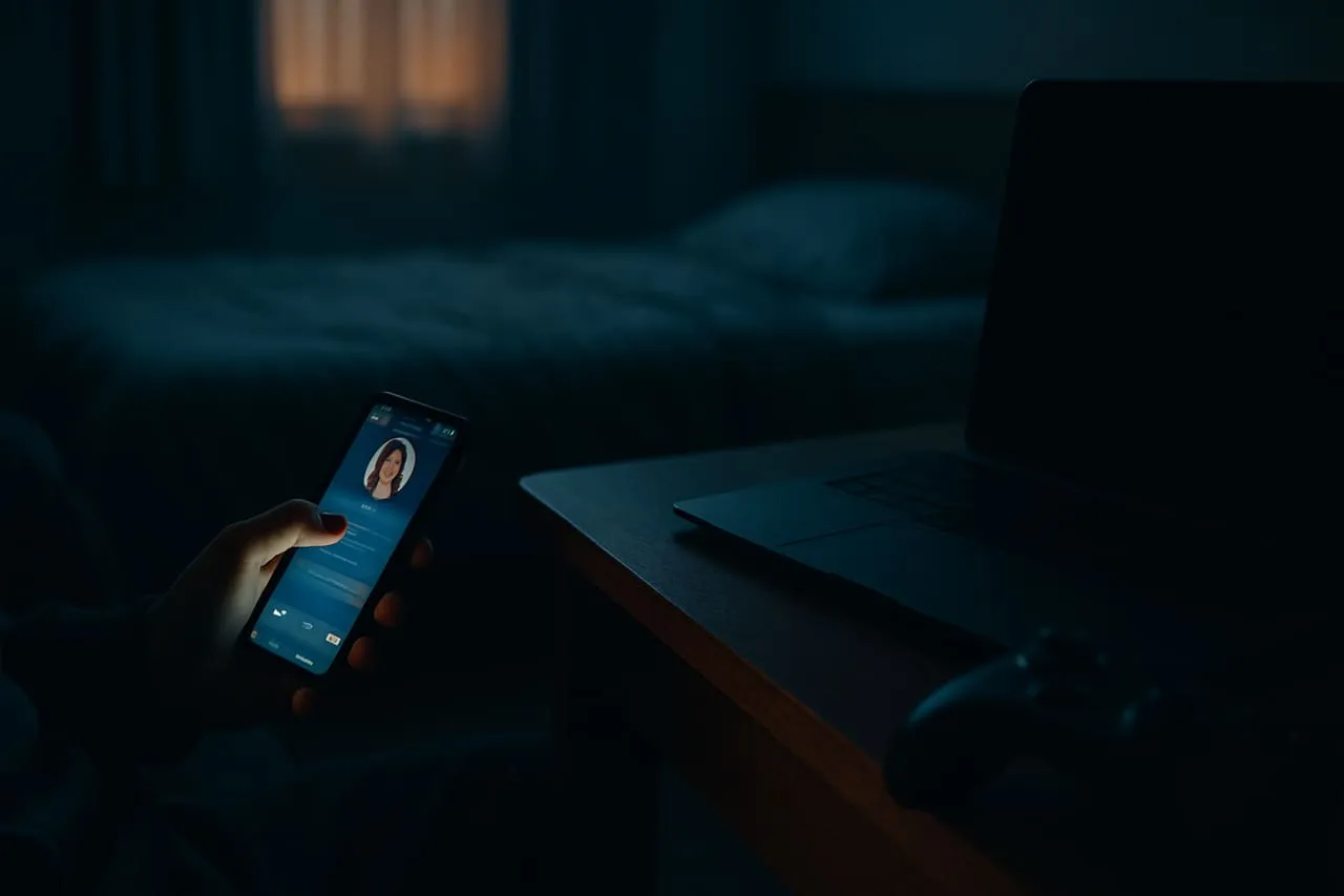 A glowing phone screen showing a chat with an AI character