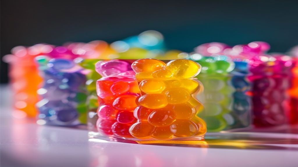 Brightly colored gummy candies in clear packaging
