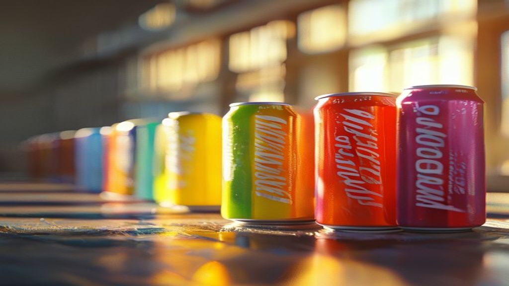 A row of brightly colored energy-drink cans