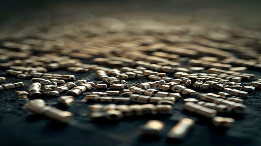 A scattering of small steel cartridges on a dark surface