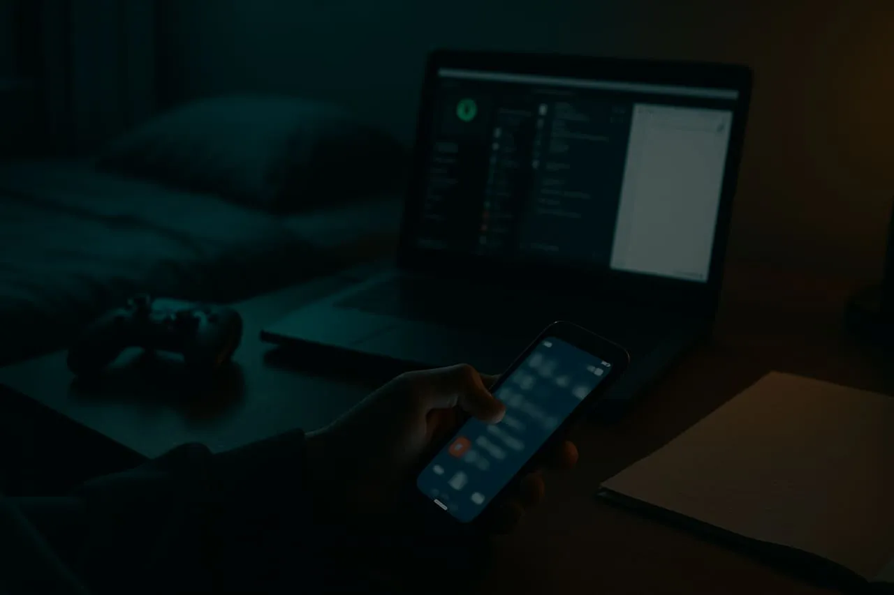 A teen at a desk with multiple screens and a phone, glow on their face