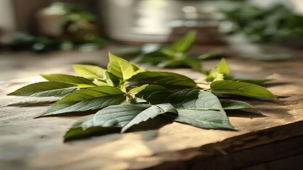 Loose herbal leaves on a wooden countertop