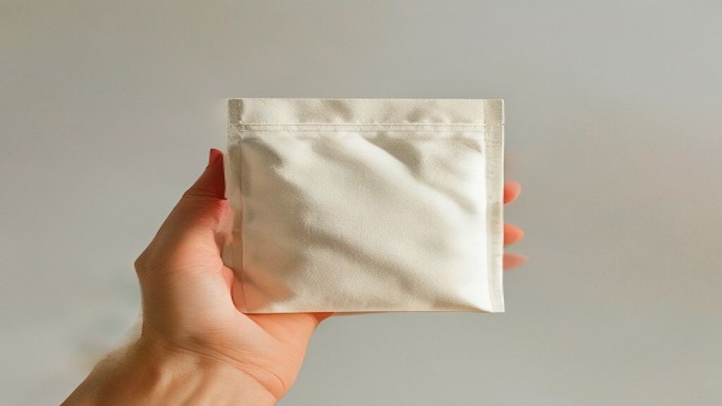 A small white pouch held between fingers in front of a clean background
