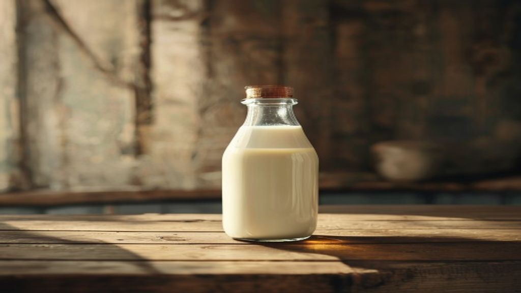 A glass bottle of milk on a wooden farmhouse counter