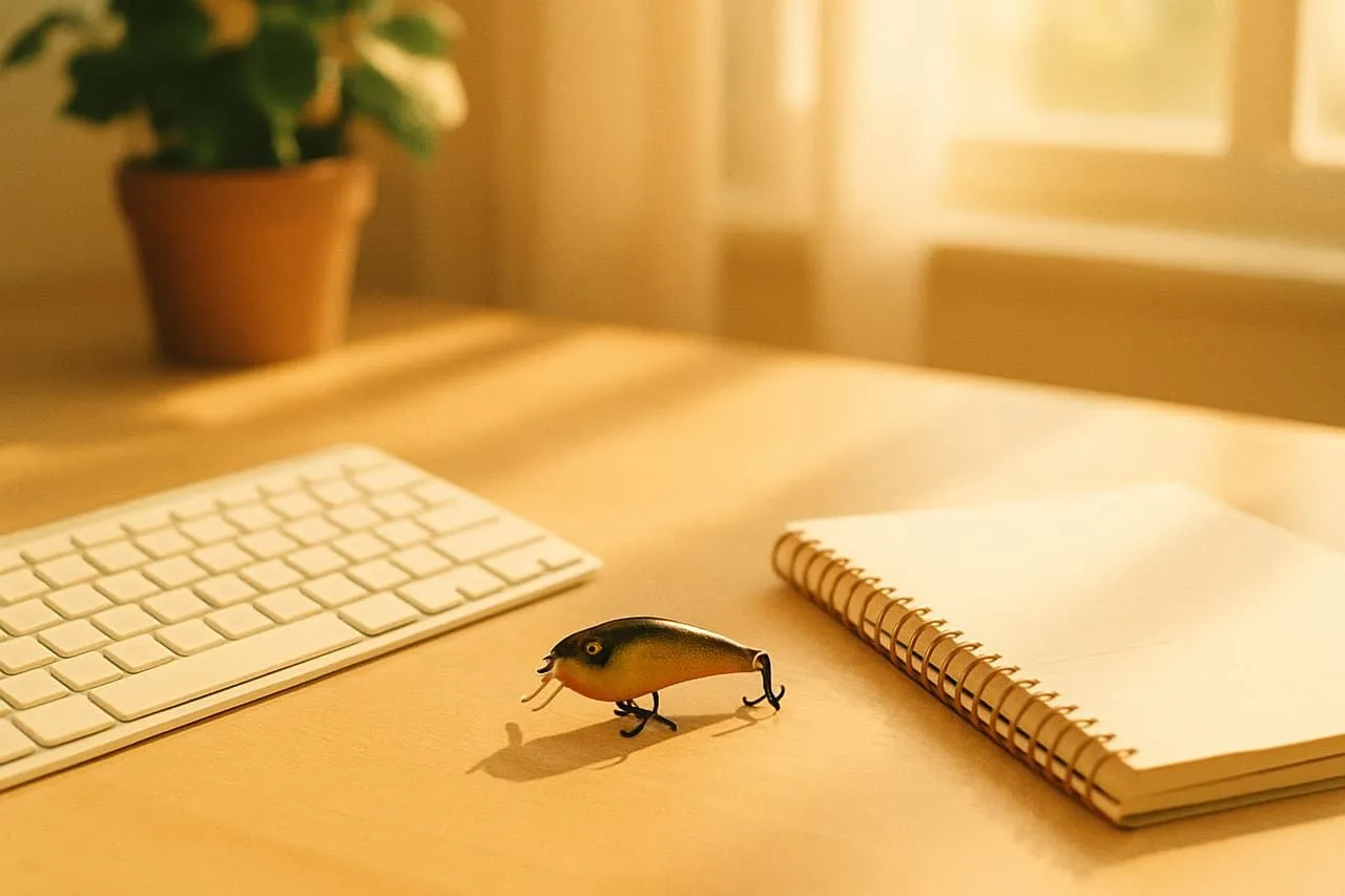 A fishing lure beside a keyboard on a cheerful morning workspace
