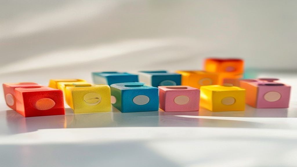 Stylized blocky toy figures arranged on a colorful surface