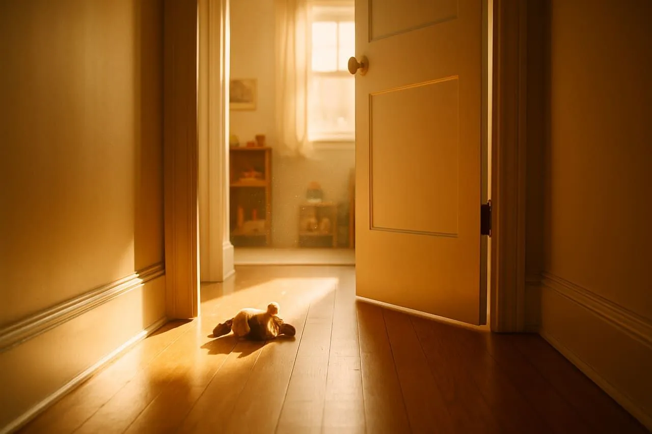 A child's bedroom door slightly ajar in warm afternoon sunlight