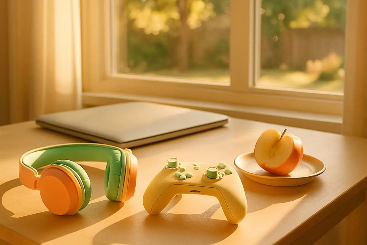 Pastel headphones and a controller on a child's afternoon desk