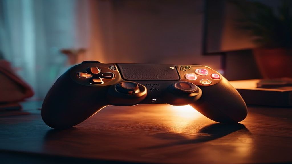 A gaming controller and a glowing screen in a dim room