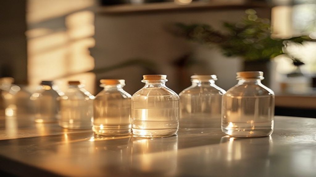 Small unmarked plastic bottles arranged on a counter